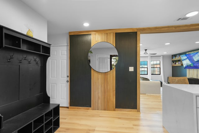 mudroom featuring hardwood / wood-style floors and ceiling fan