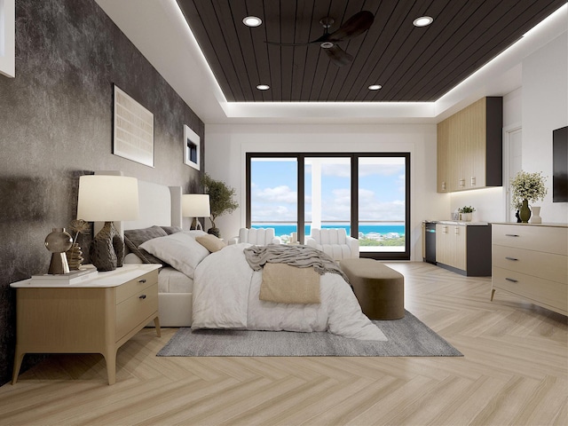 bedroom featuring a raised ceiling, wood ceiling, and light parquet floors