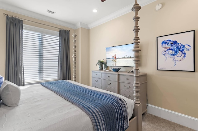 bedroom featuring crown molding and carpet flooring