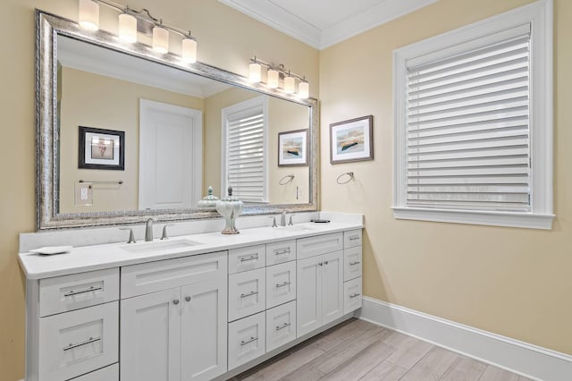 bathroom featuring crown molding and vanity