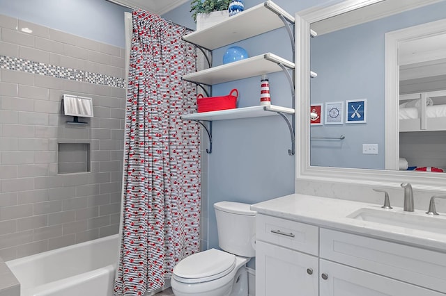 full bathroom with toilet, vanity, ornamental molding, and shower / bath combination with curtain