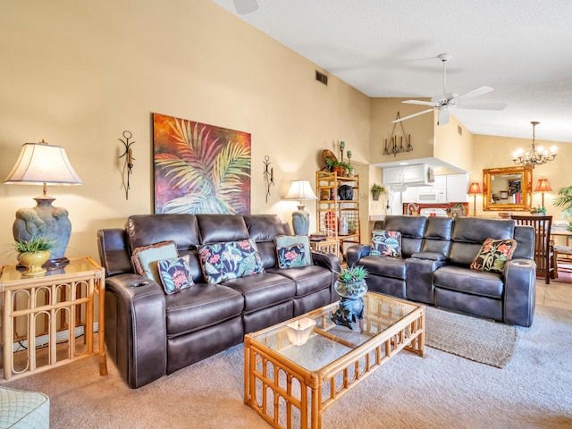 carpeted living room featuring ceiling fan with notable chandelier, a textured ceiling, and vaulted ceiling