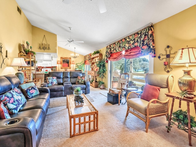 living room featuring carpet, a textured ceiling, vaulted ceiling, and ceiling fan with notable chandelier