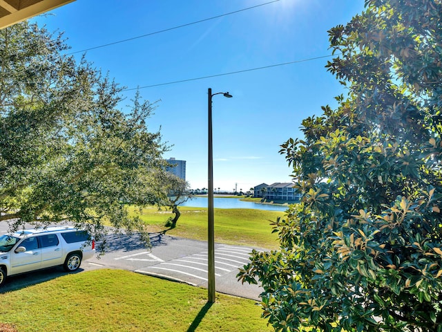 exterior space with a water view