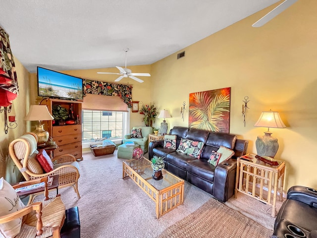 living room with carpet flooring and ceiling fan