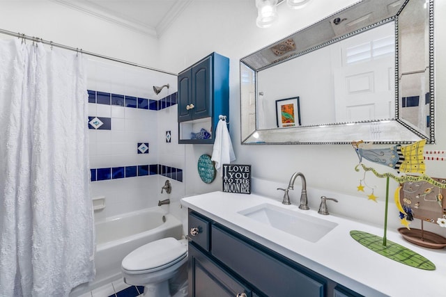 full bathroom featuring tile patterned floors, ornamental molding, vanity, shower / tub combo with curtain, and toilet