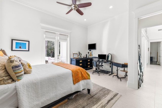 bedroom with ceiling fan and ornamental molding