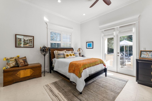 bedroom with access to exterior, ceiling fan, and ornamental molding