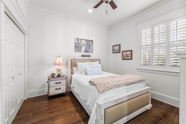 bedroom featuring dark hardwood / wood-style flooring, ceiling fan, a closet, and crown molding