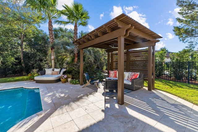 view of patio / terrace featuring an outdoor hangout area and a fenced in pool