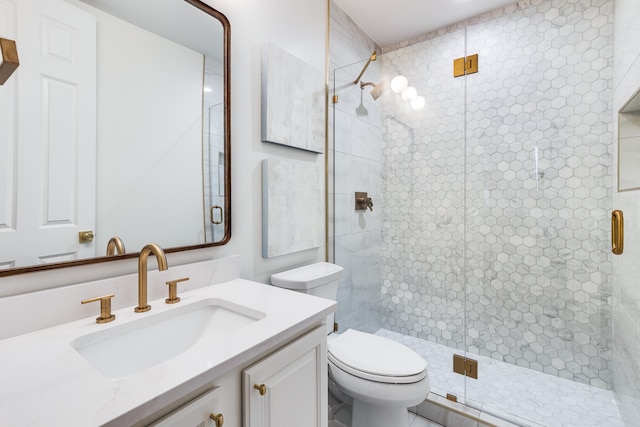 bathroom with vanity, an enclosed shower, and toilet