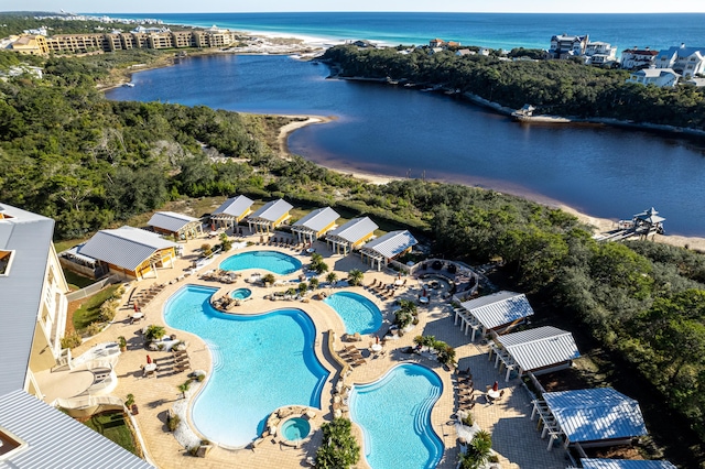 drone / aerial view featuring a water view