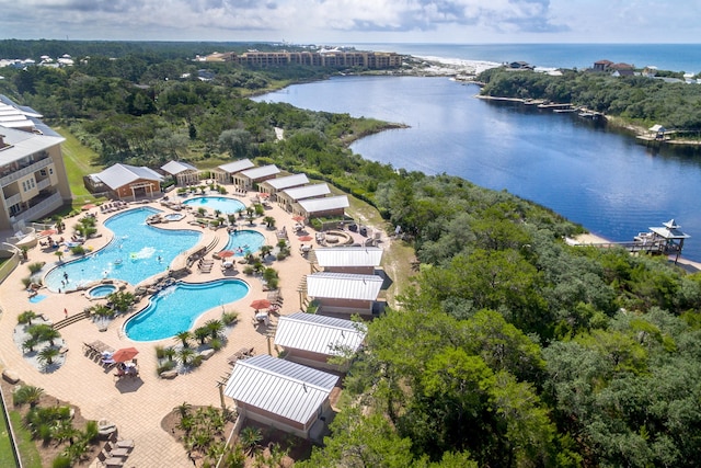 bird's eye view with a water view