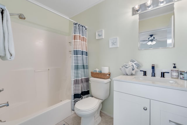 full bathroom with ceiling fan, shower / bathtub combination with curtain, tile patterned flooring, crown molding, and vanity