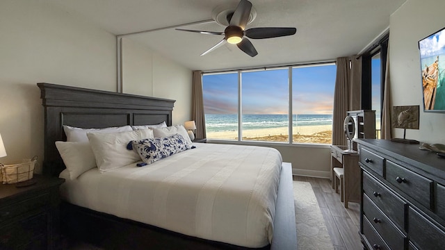 bedroom featuring hardwood / wood-style floors, ceiling fan, and multiple windows