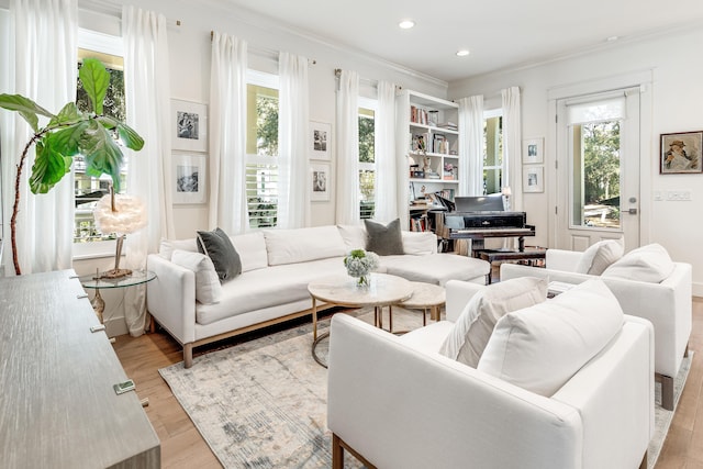 living room with light wood-type flooring and ornamental molding