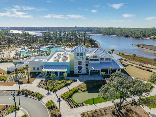 drone / aerial view featuring a water view