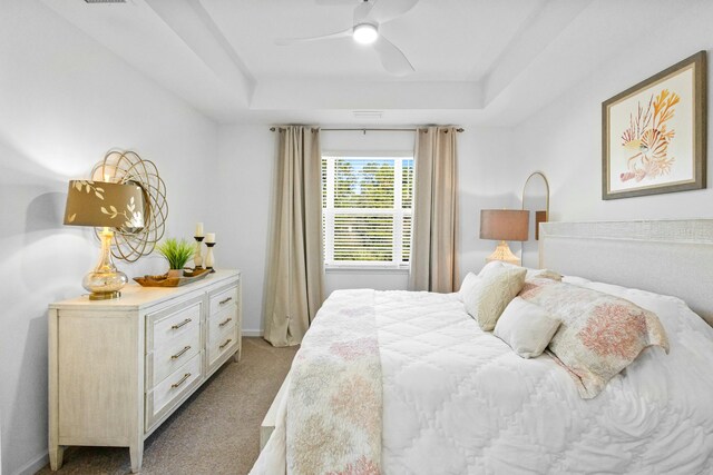 bedroom featuring carpet, a tray ceiling, and ceiling fan