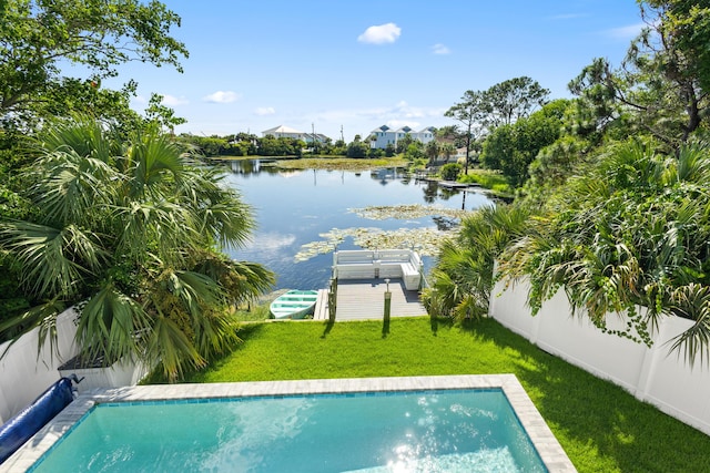 view of pool with a fenced backyard, a fenced in pool, a yard, and a water view