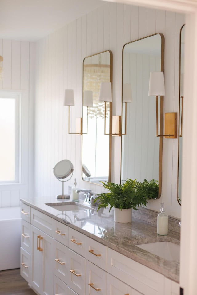 full bathroom featuring double vanity, plenty of natural light, and a sink