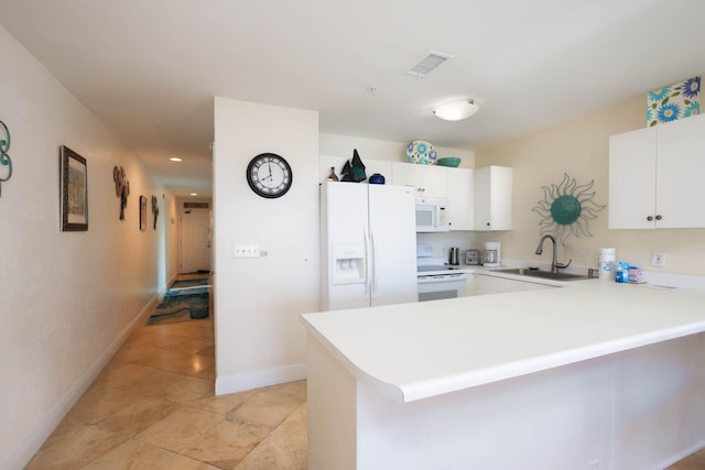 kitchen with kitchen peninsula, sink, white cabinets, and white appliances