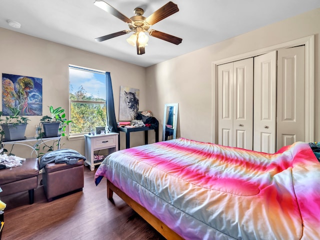 bedroom with dark hardwood / wood-style flooring, a closet, and ceiling fan