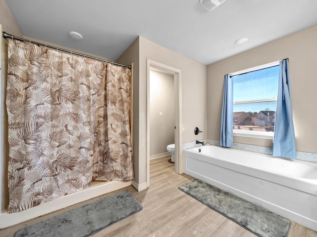 bathroom with hardwood / wood-style floors and toilet