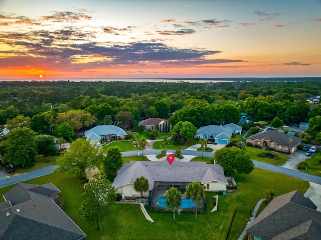 view of aerial view at dusk