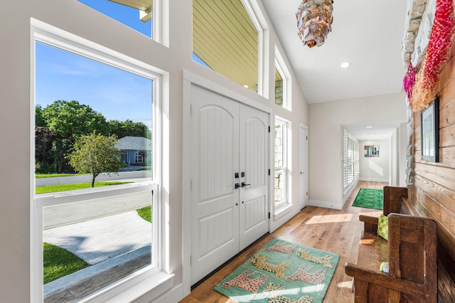 entrance foyer with a healthy amount of sunlight and light hardwood / wood-style flooring