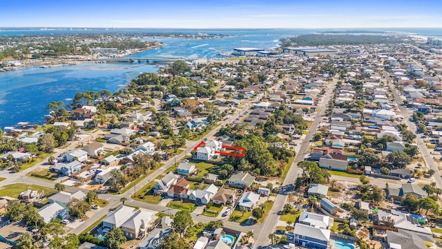 aerial view featuring a water view