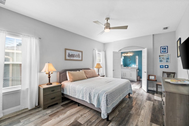 bedroom with hardwood / wood-style floors and ceiling fan