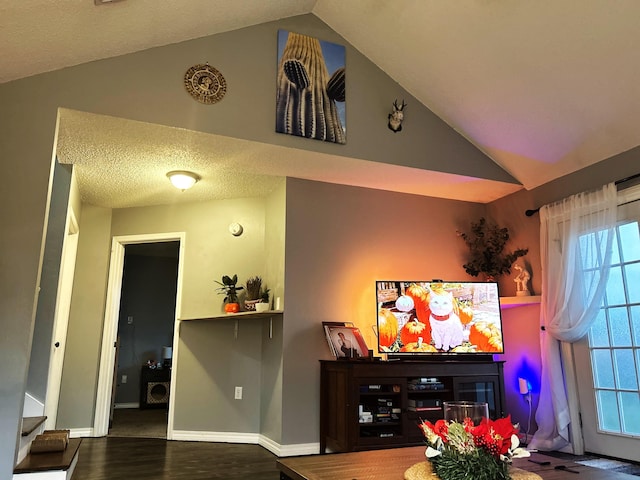 living room featuring a textured ceiling, lofted ceiling, and dark wood-type flooring