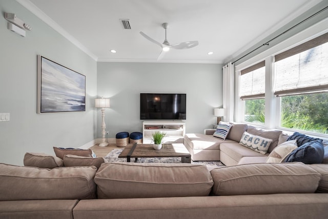 living room featuring wood-type flooring, ceiling fan, and ornamental molding