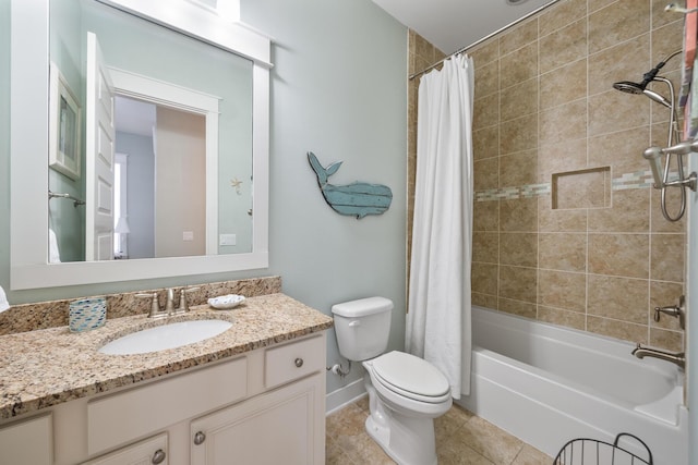 full bathroom featuring toilet, vanity, tile patterned floors, and shower / bathtub combination with curtain