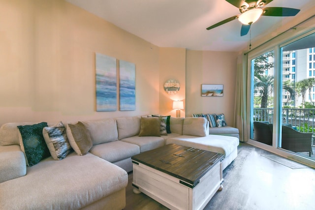 living room featuring ceiling fan