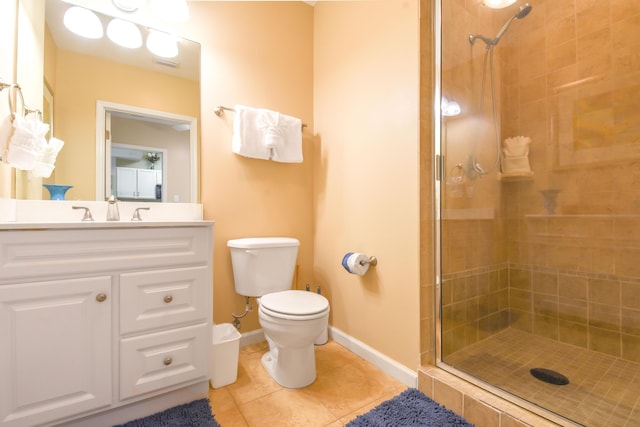 bathroom with tile patterned floors, vanity, toilet, and a shower with shower door