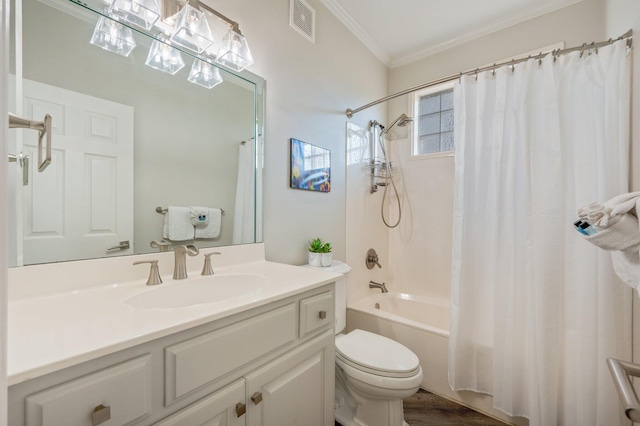 full bathroom with shower / bath combination with curtain, vanity, crown molding, hardwood / wood-style floors, and toilet