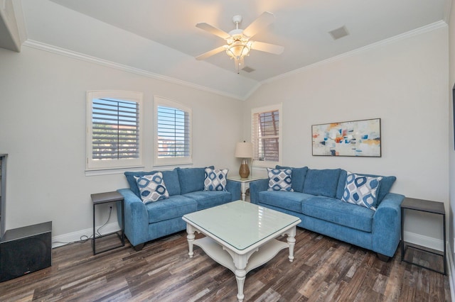 living room with dark hardwood / wood-style flooring, vaulted ceiling, ceiling fan, and crown molding