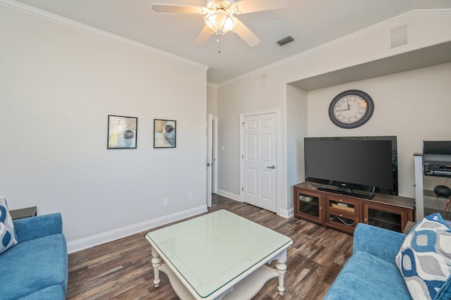 living room featuring dark hardwood / wood-style flooring, ceiling fan, and crown molding