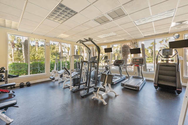 workout area featuring a wealth of natural light and a drop ceiling