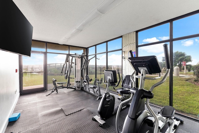 exercise room featuring floor to ceiling windows, a textured ceiling, and a wealth of natural light