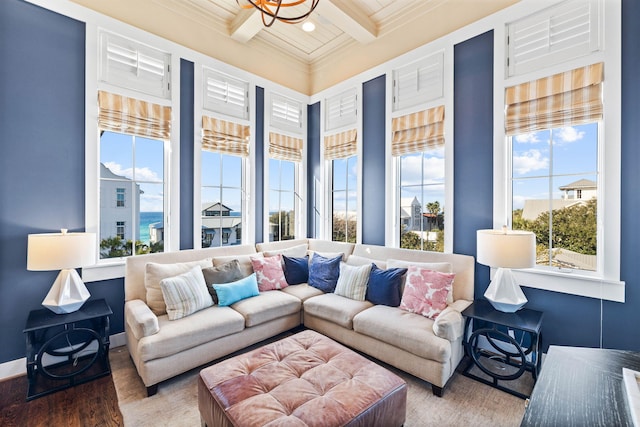 sunroom with beamed ceiling and coffered ceiling