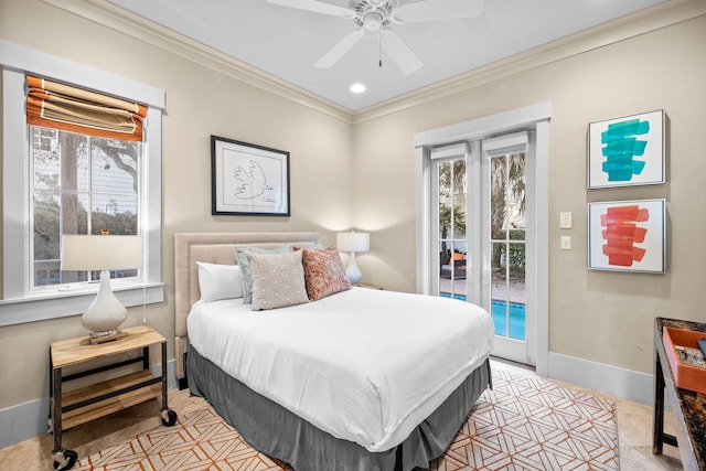 bedroom with ceiling fan, light tile patterned floors, ornamental molding, and access to outside