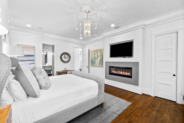 bedroom with crown molding, a chandelier, dark hardwood / wood-style floors, and wooden ceiling