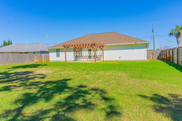 8679 High School Blvd, Navarre, FL 32566 - back of house featuring a patio, roof with shingles, a fenced backyard, a pergola, and a lawn