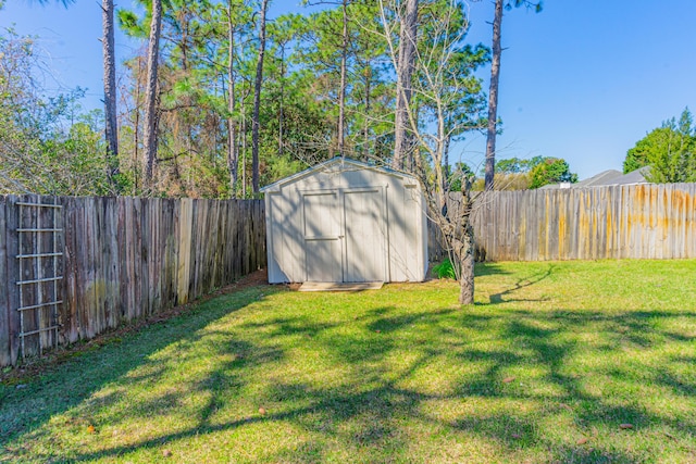 8679 High School Blvd, Navarre, FL 32566 - view of yard featuring an outbuilding, a fenced backyard, and a shed