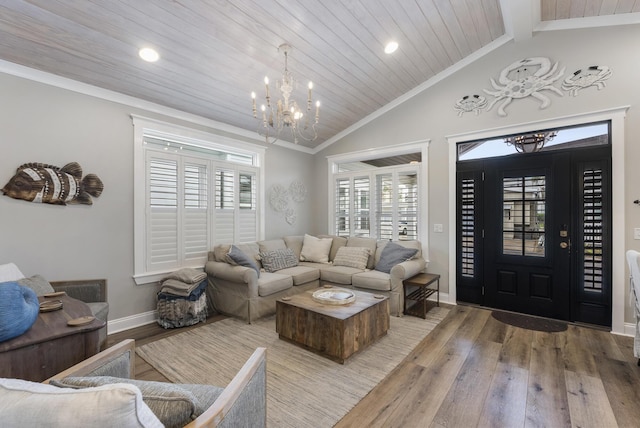 living room with light wood-type flooring, wooden ceiling, crown molding, and lofted ceiling