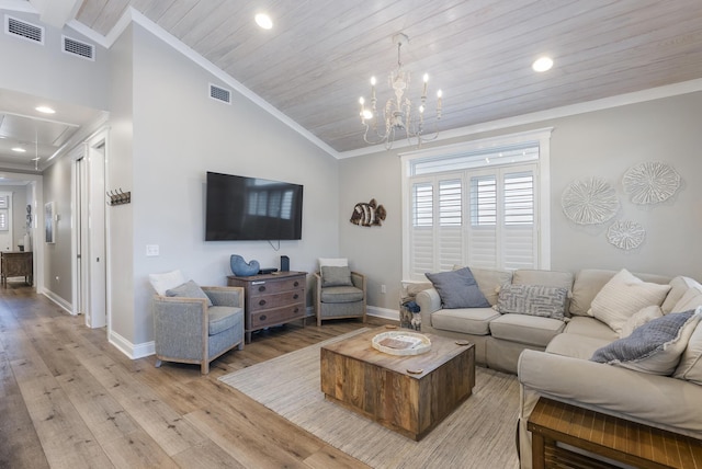 living room featuring light hardwood / wood-style flooring, wooden ceiling, and vaulted ceiling