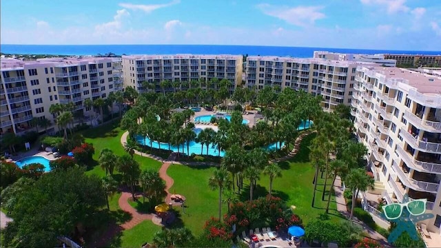 bird's eye view with a water view