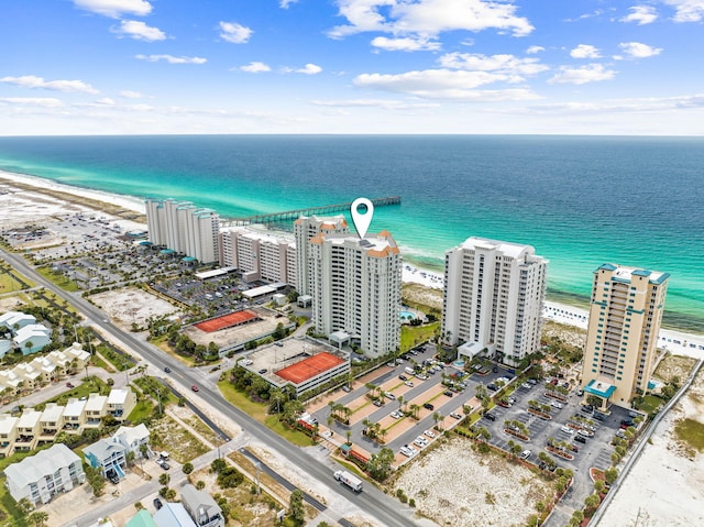 aerial view with a water view and a view of the beach